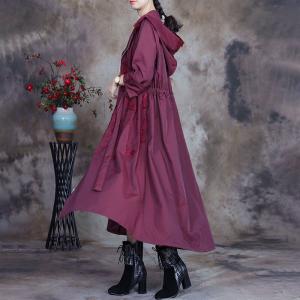 Front Zip Hooded Trench Coat Tied Embroidery Outerwear