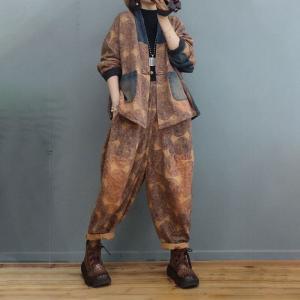Tree Rings Cotton Linen Chinese Coat with Baggy Harem Pant Sets