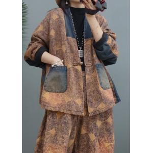 Tree Rings Cotton Linen Chinese Coat with Baggy Harem Pant Sets