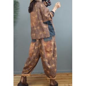 Tree Rings Cotton Linen Chinese Coat with Baggy Harem Pant Sets