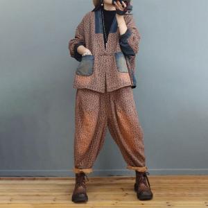 Denim  Pockets Cotton Linen Coat with Dense Printed Thai Pants