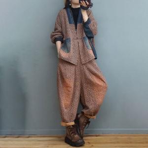 Denim  Pockets Cotton Linen Coat with Dense Printed Thai Pants