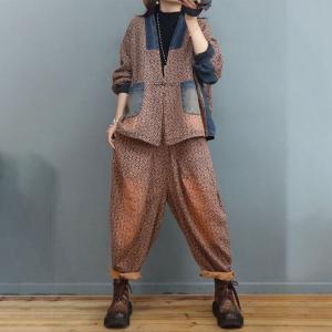 Denim  Pockets Cotton Linen Coat with Dense Printed Thai Pants