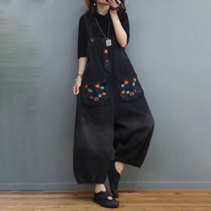 Flowers Embroidery Plain Overalls Balloon Legs Baggy Gardening Clothes