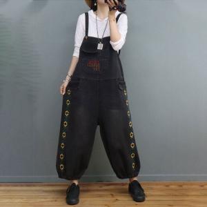 Yellow Embroidery Fluffy Overalls Baggy-Fit Jean Dungarees