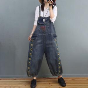 Yellow Embroidery Fluffy Overalls Baggy-Fit Jean Dungarees