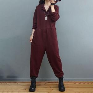 Polo Neck Long Sleeves Coveralls Empire Waist Cotton Jumpsuits