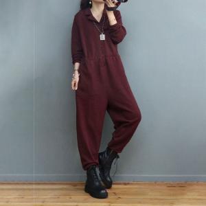 Polo Neck Long Sleeves Coveralls Empire Waist Cotton Jumpsuits