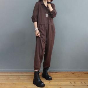 Polo Neck Long Sleeves Coveralls Empire Waist Cotton Jumpsuits