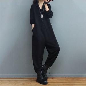 Polo Neck Long Sleeves Coveralls Empire Waist Cotton Jumpsuits