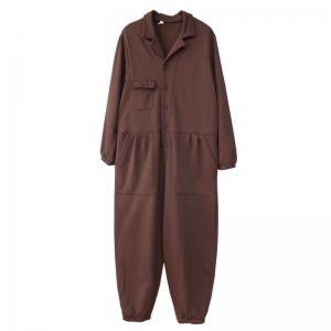 Polo Neck Long Sleeves Coveralls Empire Waist Cotton Jumpsuits