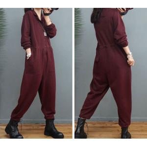 Polo Neck Long Sleeves Coveralls Empire Waist Cotton Jumpsuits