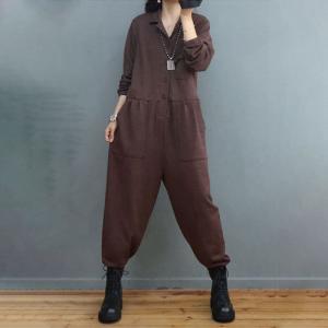 Polo Neck Long Sleeves Coveralls Empire Waist Cotton Jumpsuits