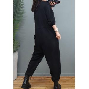 Polo Neck Long Sleeves Coveralls Empire Waist Cotton Jumpsuits