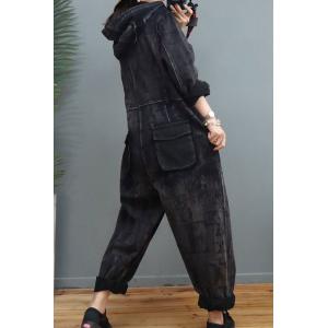 Long Sleeves Black Coveralls Letter Printed Hooded Jumpsuits