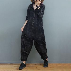 Long Sleeves Black Coveralls Letter Printed Hooded Jumpsuits