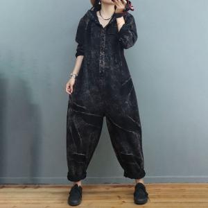 Long Sleeves Black Coveralls Letter Printed Hooded Jumpsuits