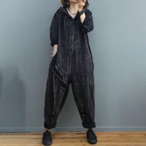 Long Sleeves Black Coveralls Letter Printed Hooded Jumpsuits
