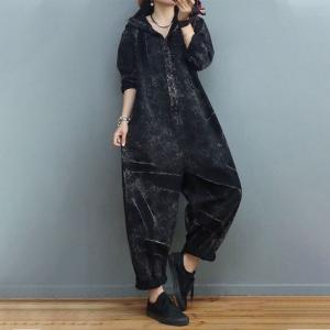 Long Sleeves Black Coveralls Letter Printed Hooded Jumpsuits