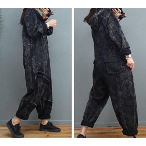 Long Sleeves Black Coveralls Letter Printed Hooded Jumpsuits