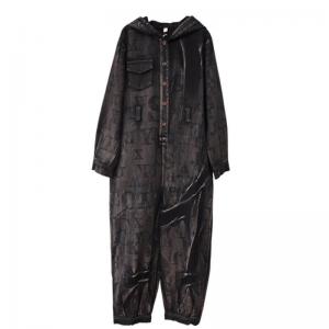 Long Sleeves Black Coveralls Letter Printed Hooded Jumpsuits