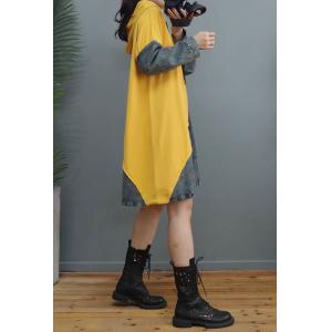 Contrast Color Hoodie Dress Denim Cotton Midi Dress