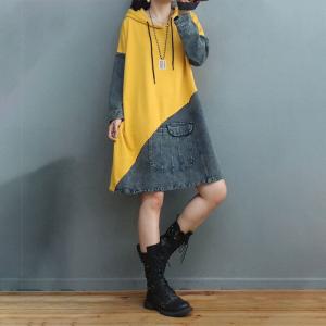 Contrast Color Hoodie Dress Denim Cotton Midi Dress