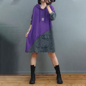Contrast Color Hoodie Dress Denim Cotton Midi Dress