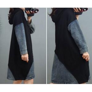 Contrast Color Hoodie Dress Denim Cotton Midi Dress