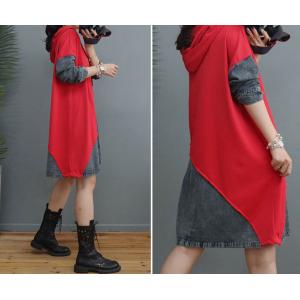 Contrast Color Hoodie Dress Denim Cotton Midi Dress