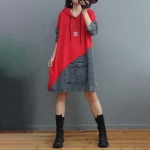 Contrast Color Hoodie Dress Denim Cotton Midi Dress