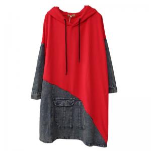 Contrast Color Hoodie Dress Denim Cotton Midi Dress