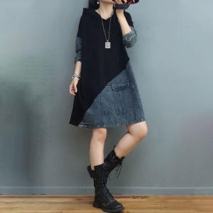 Contrast Color Hoodie Dress Denim Cotton Midi Dress