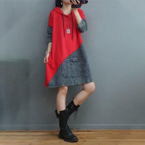 Contrast Color Hoodie Dress Denim Cotton Midi Dress