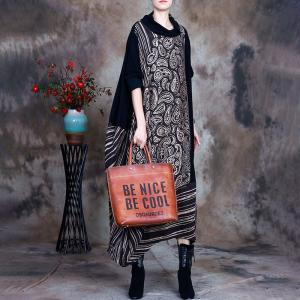 Artistic Pattern Mock Neck Dress Silky Loose Cocoon Dress