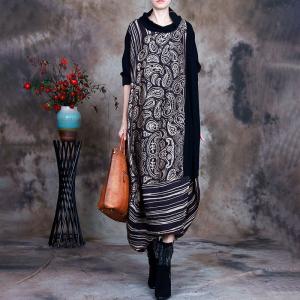 Artistic Pattern Mock Neck Dress Silky Loose Cocoon Dress