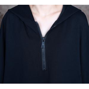 Front Zip Black Cocoon Hooded Dress Cotton Blend Large Abaya