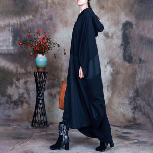 Front Zip Black Cocoon Hooded Dress Cotton Blend Large Abaya