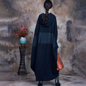 Front Zip Black Cocoon Hooded Dress Cotton Blend Large Abaya