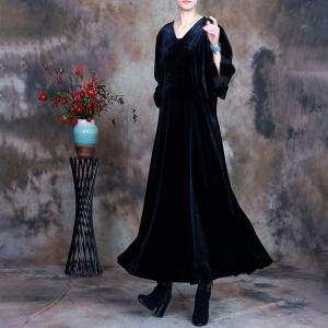 Sheer Long Sleeves Elegant Dress V-Neck Black Velvet Dress