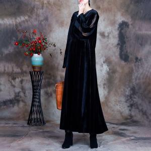 Sheer Long Sleeves Elegant Dress V-Neck Black Velvet Dress