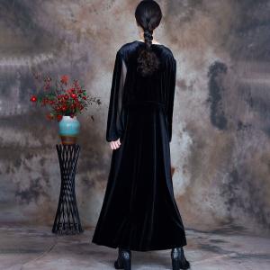 Sheer Long Sleeves Elegant Dress V-Neck Black Velvet Dress