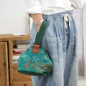 Chinese Style Green Silky Floral Handbag Plain Linen Small Clutch