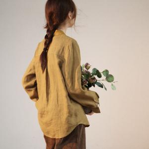 Casual Long Sleeves Linen Shirt Womens Oversized Flax Clothing