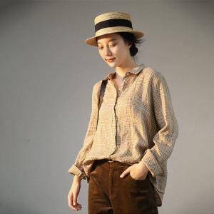 BF Style Yellow Gingham Blouse Linen Long Sleeves Casual Shirt