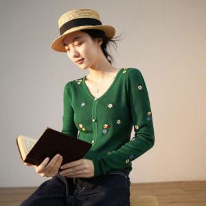 Pearl Buttons V-Neck Green Sweater Slim-Fit Embroidery Cardigan