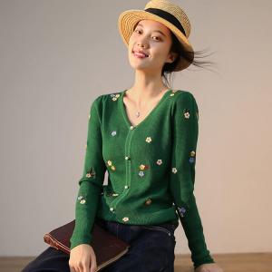 Pearl Buttons V-Neck Green Sweater Slim-Fit Embroidery Cardigan