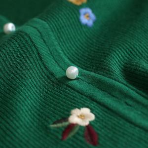 Pearl Buttons V-Neck Green Sweater Slim-Fit Embroidery Cardigan