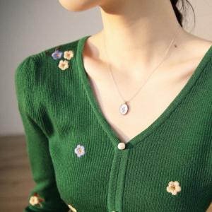 Pearl Buttons V-Neck Green Sweater Slim-Fit Embroidery Cardigan