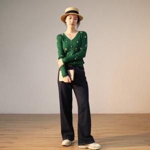 Pearl Buttons V-Neck Green Sweater Slim-Fit Embroidery Cardigan